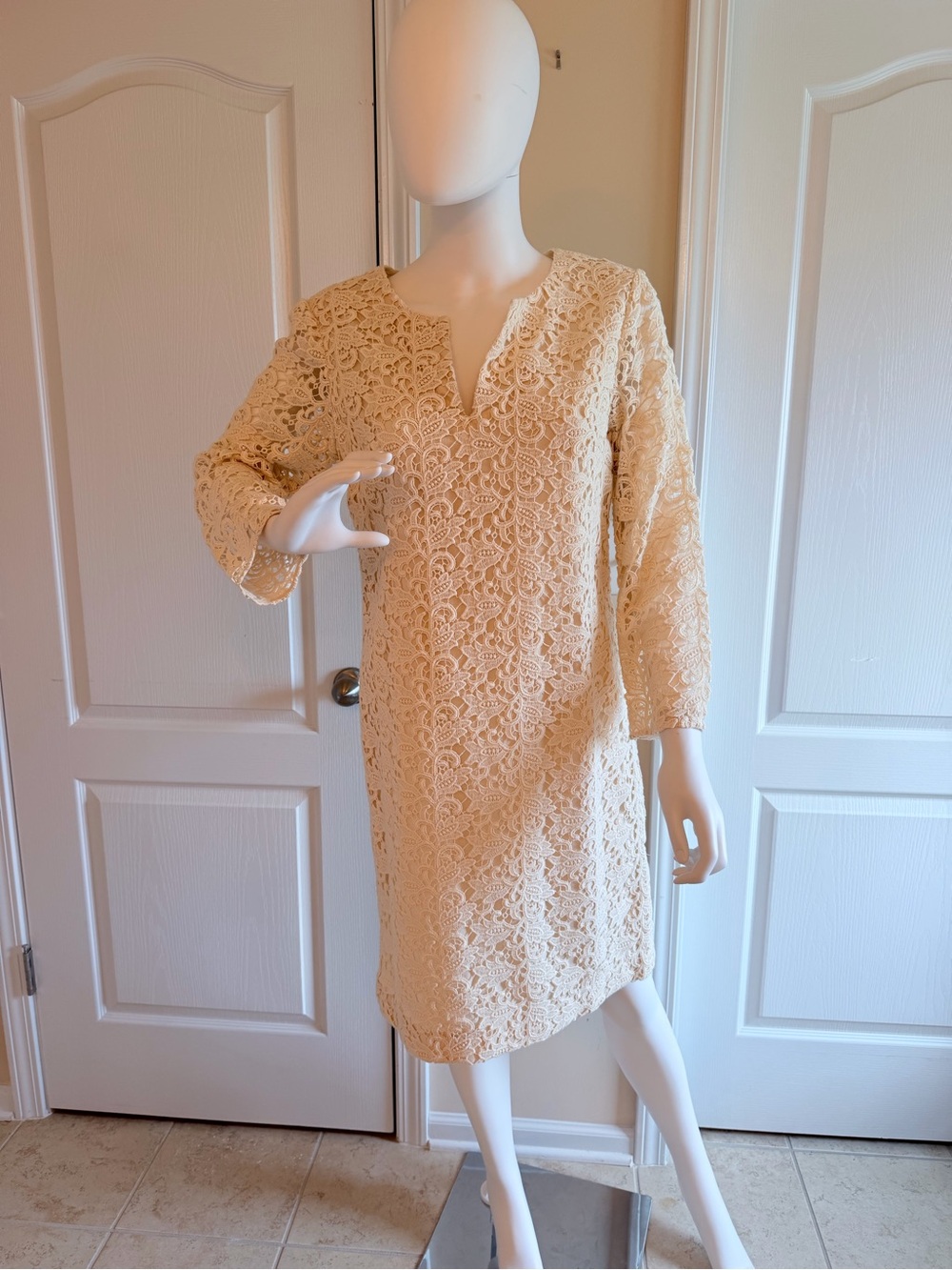 Talbots Cotton Beige Ivory Crochet Lace 3/4 Sleeve Shift Dress Size 6